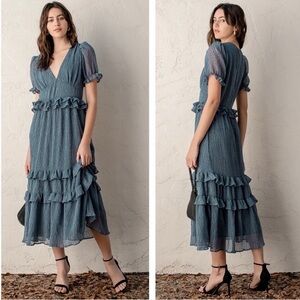 Lulus Dusty Blue Long Dress with Layers